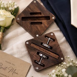 Engraved wooden gift box with cufflinks and matching tie clip